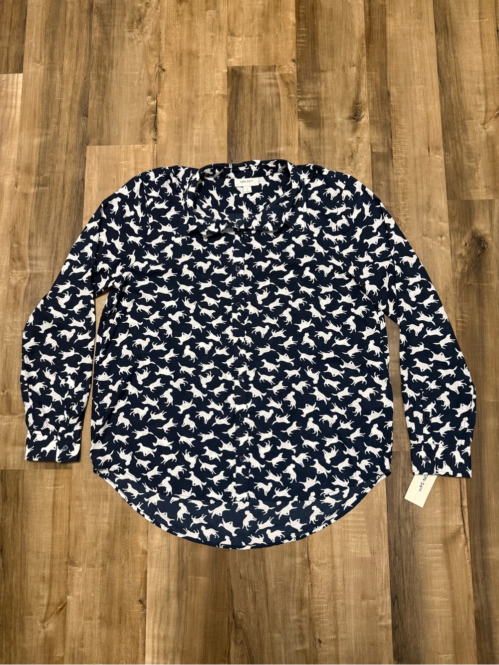 On 34th Navy Blouse with White Dog Print - Button Front NWT